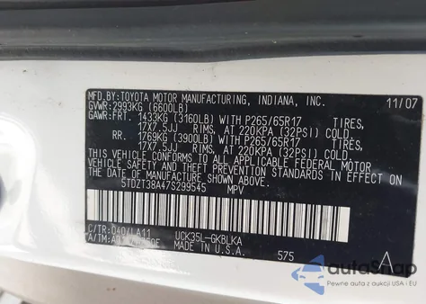 2007 Toyota Sequoia Limited V8 из США, поврежденный, VIN 5TDZT38A47S299545